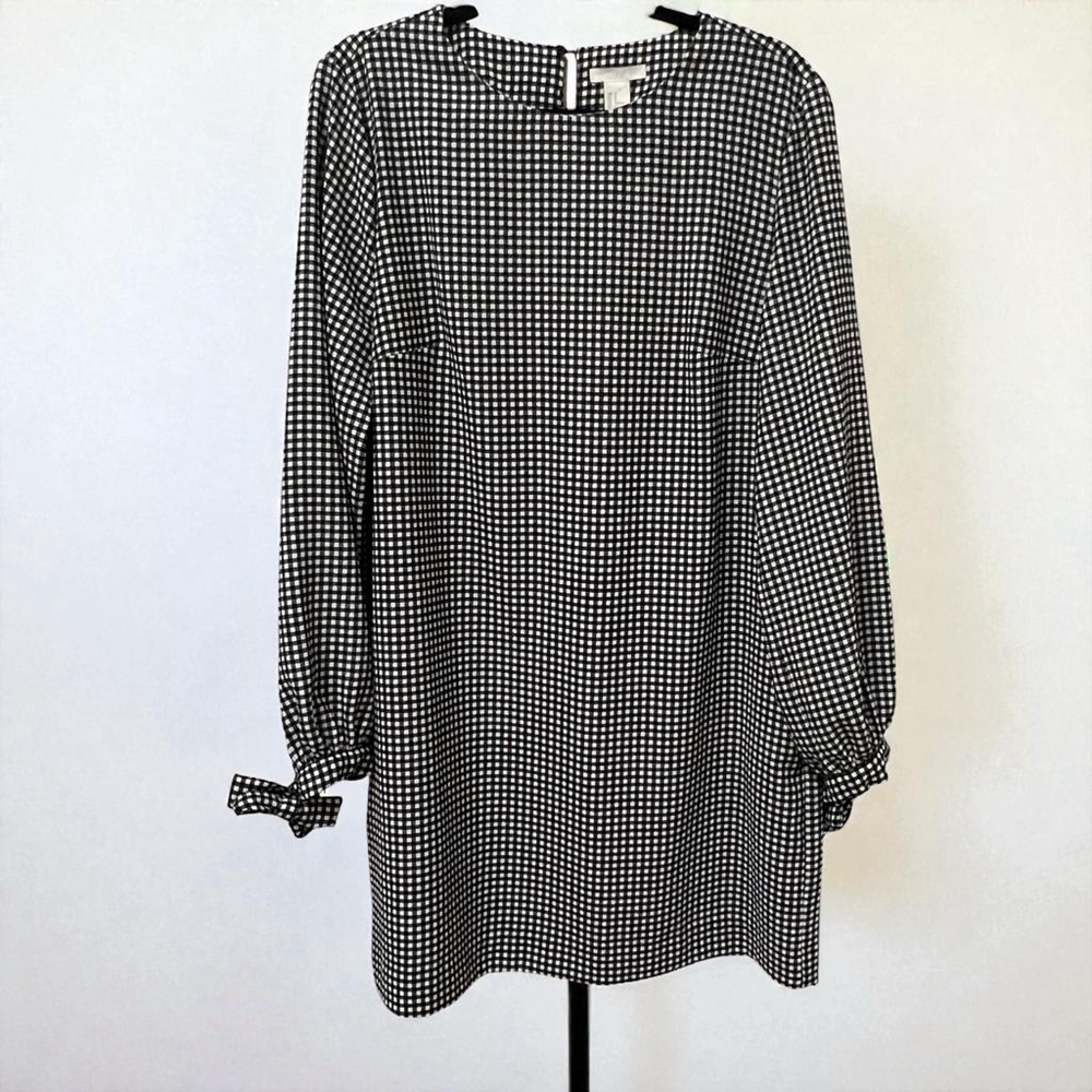 H&M Women’s Black White Gingham Long Sleeve Mini Dress Tie Cuffs Pockets Size 12